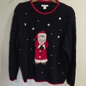 Christopher & Banks Navy and Red Santa Crewneck Sweater